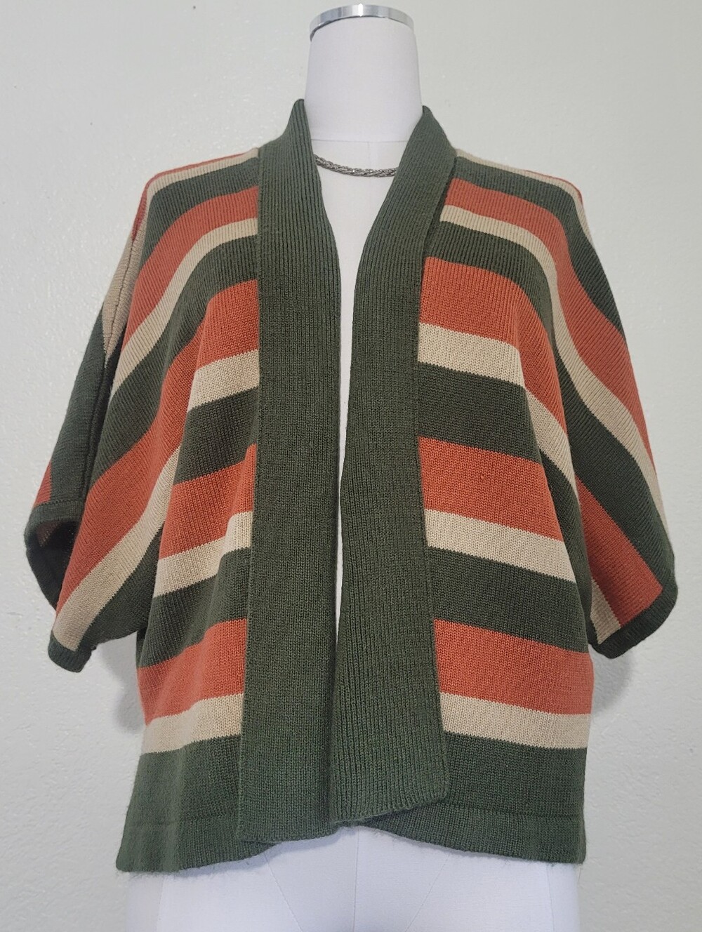 Company Collection Petite Olive Green Rust and Cream Striped Open Cardigan X-L